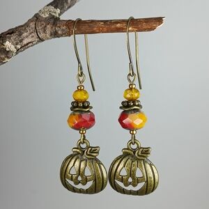 HAND CRAFTED Orange Red Czech Glass Brass Pumpkin Dangle Boho Earrings